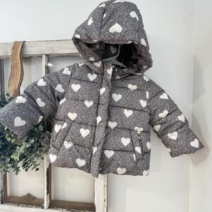 babyGap ColdControl Max Heart Puffer Coat Jacket gray white‎ heart 18-24 Months